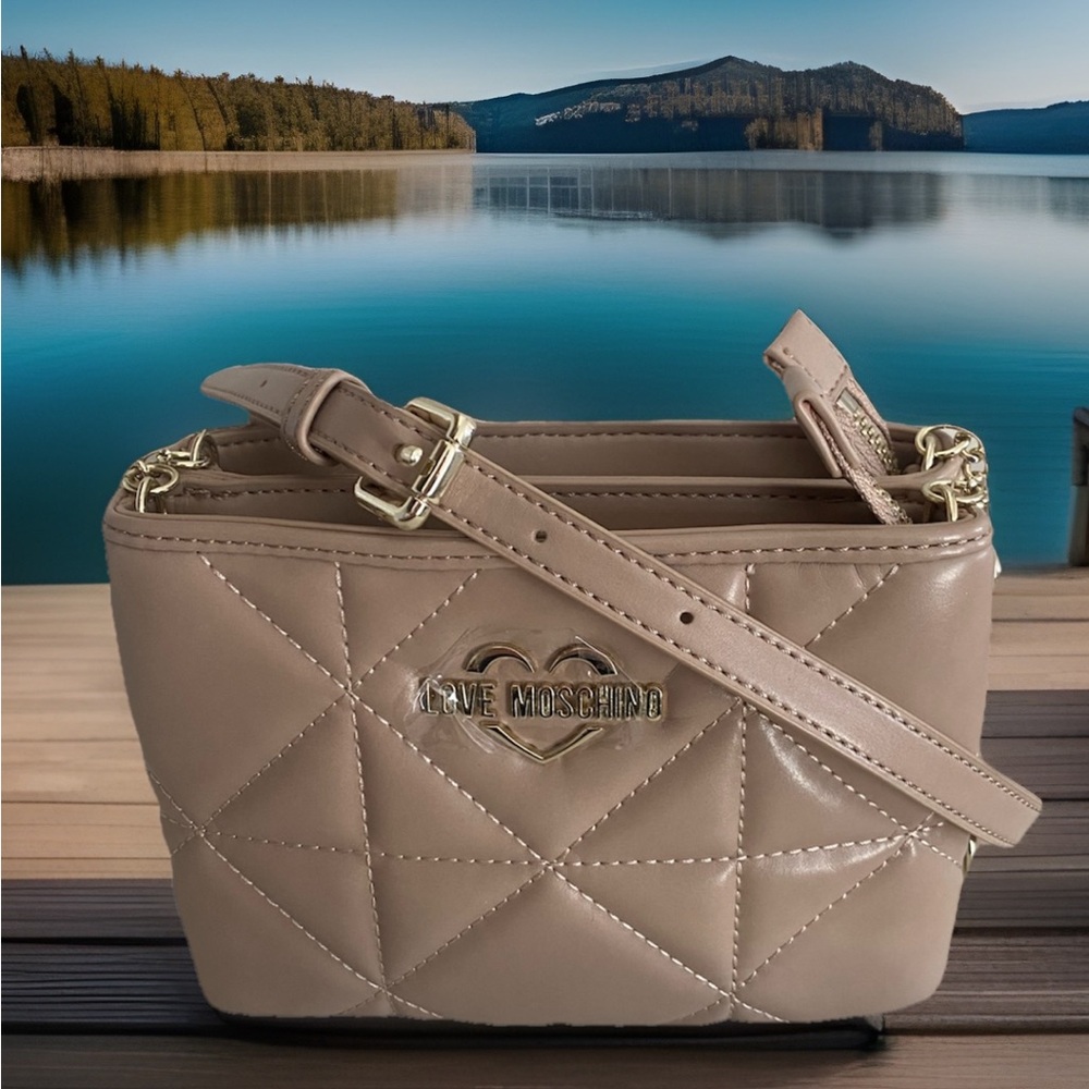 🆕 LOVE MOSCHINO Borsa Gold Taupe Crossbody Shoulder Bag Gold Chain MSRP $399